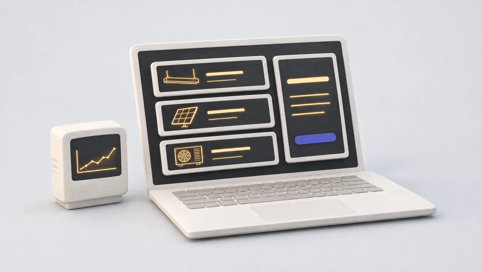 A laptop showing a list of upgrades beside a summary, with a small energy meter next to it, in the Better Buildings illustration style.