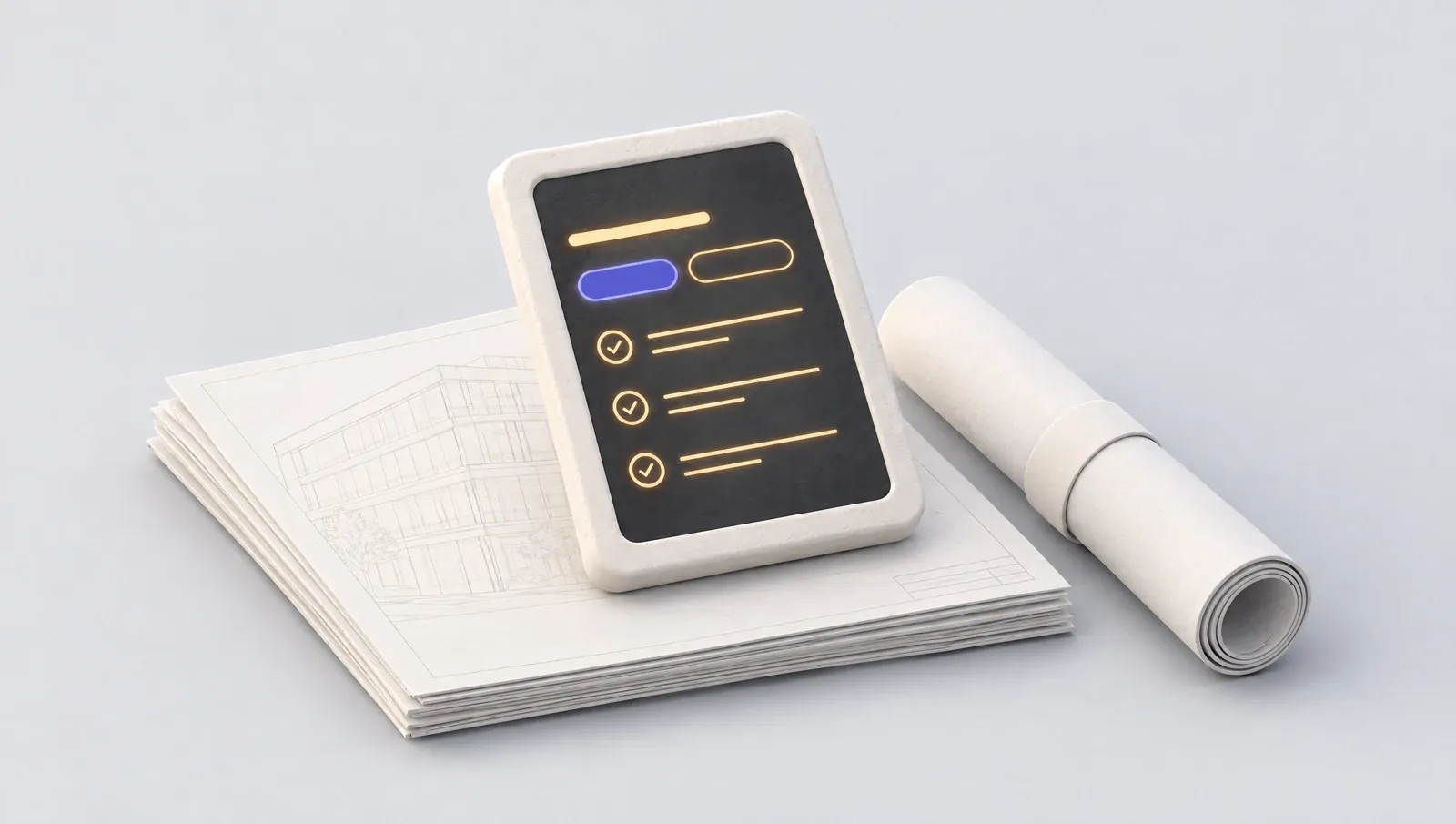 A tablet showing a checklist, resting on a stack of building plans beside a rolled plan.