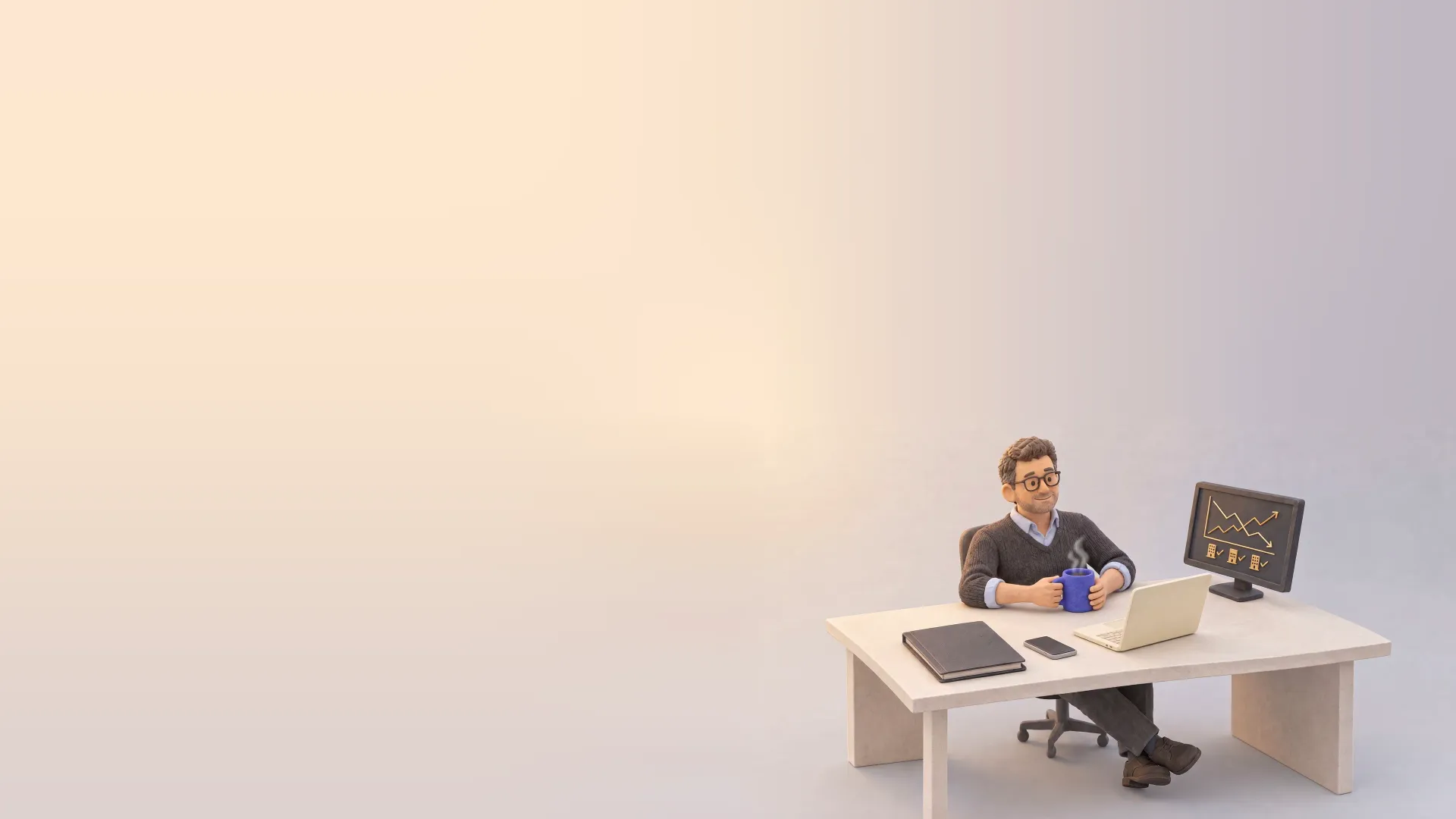 The same owner leaning back with a coffee at a clear desk: a laptop, one folder with a tick on it, and a screen showing a clean chart.
