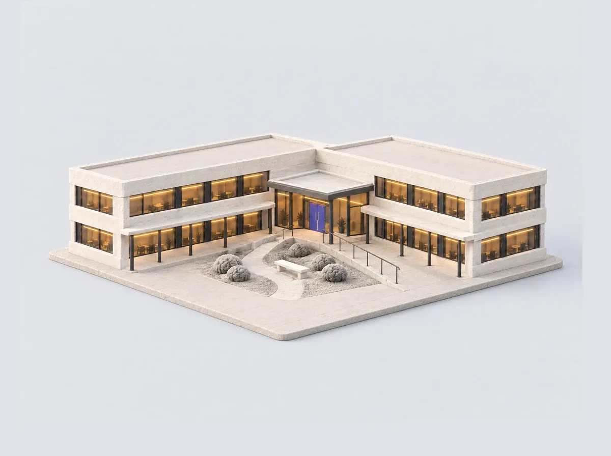 A clay model of a two-storey aged-care facility around a garden courtyard, with a covered entrance and a ramp.