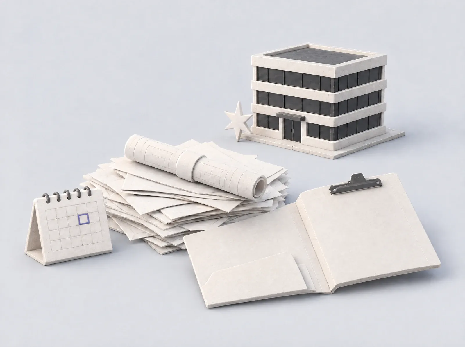 A loose heap of bills and drawings, an open folder and a calendar with one day marked, beside a small office building with its windows dark.