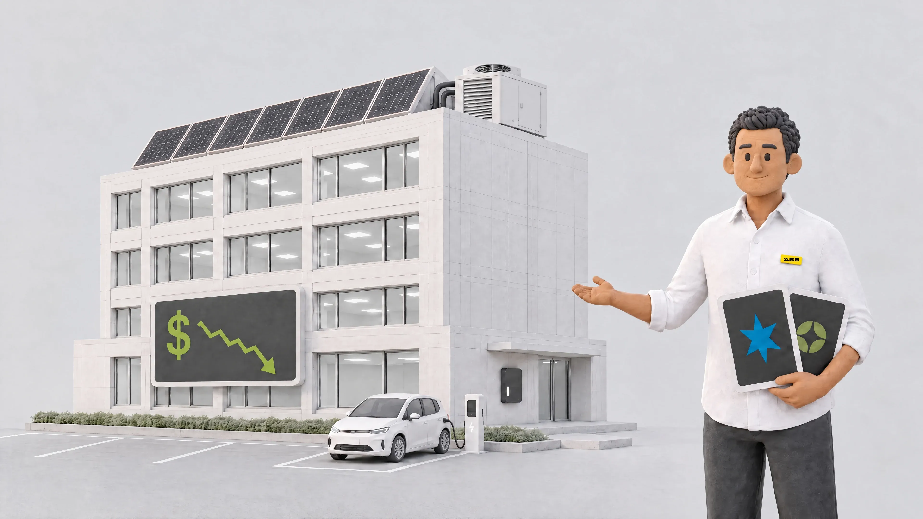 A banker from ASB Bank gestures towards an office building with solar panels and a heat pump unit on its roof, a screen on its front showing costs falling, and an electric car charging in its car park; two rating tablets are under his arm.