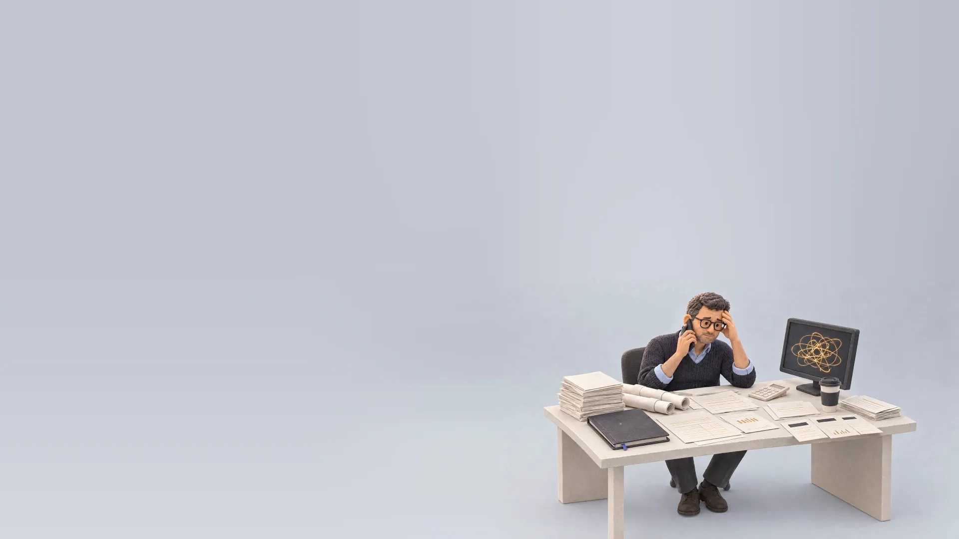 An owner at a desk crowded with bills, leases, quotes and spreadsheets, a phone to his ear and a hand on his forehead, his screen a tangle of lines.