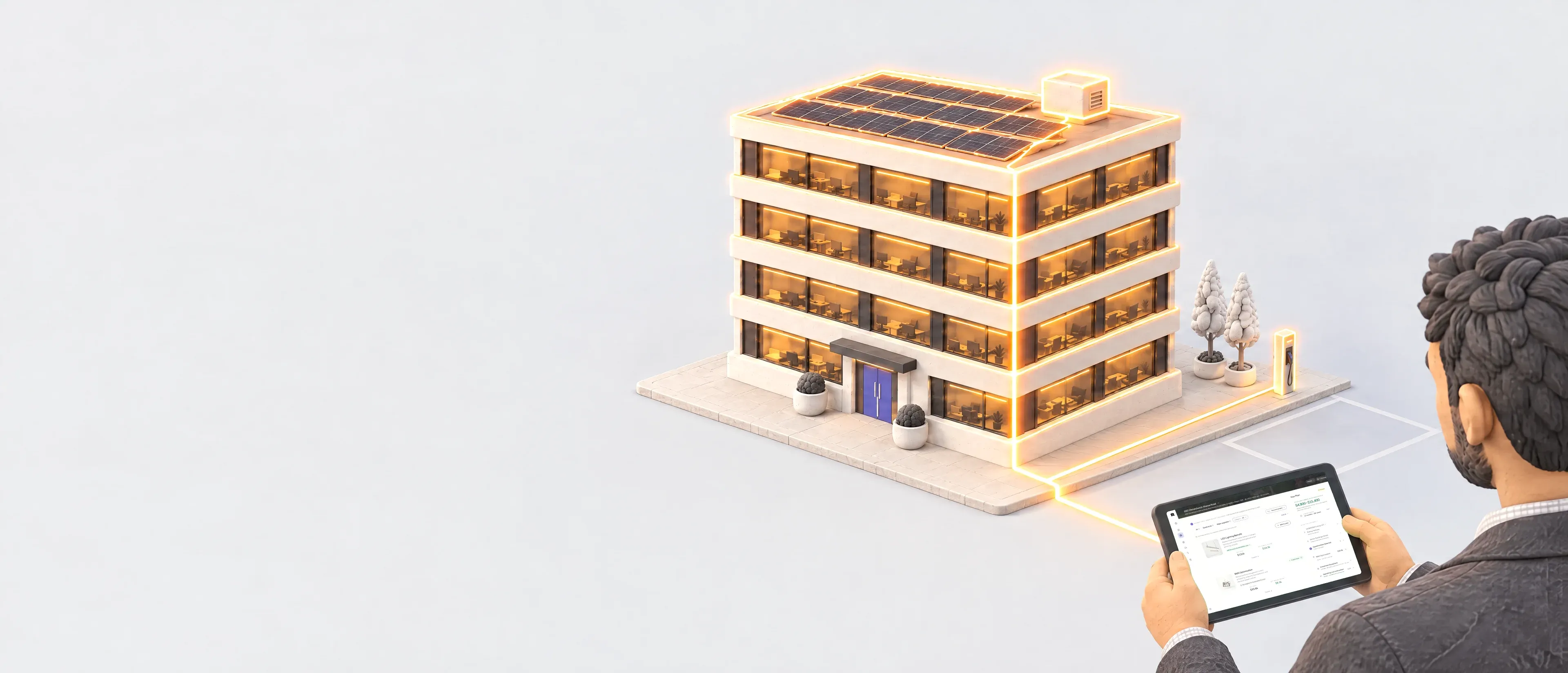 An owner holds an iPad showing the energy-saving opportunities Better Buildings has found for his office. A line of light runs from it to the model office, lit up, and round its roof to the solar panels, a rooftop heat pump and an EV charger.