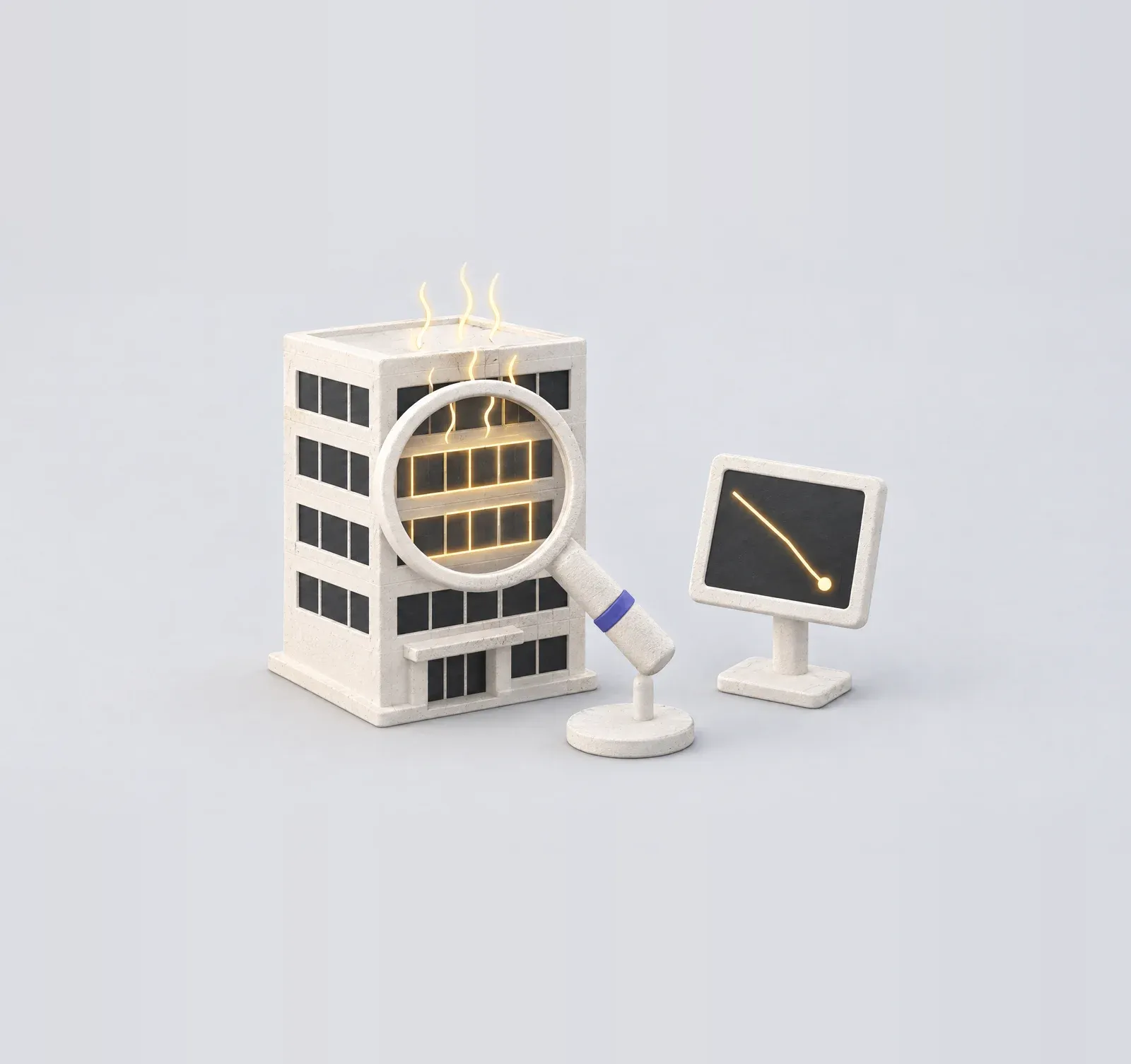 A magnifying glass over a model office building shows warm light escaping from its windows and roof, beside a small display of energy use falling.