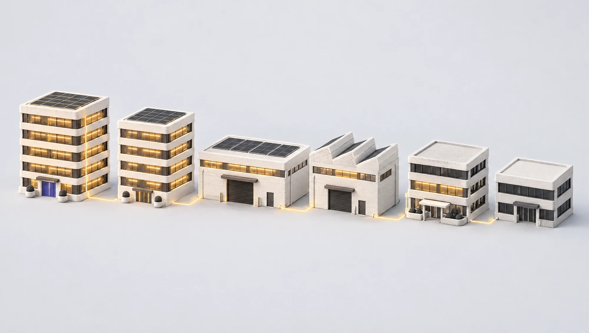 A row of clay commercial buildings, the first lit and fitted with solar panels, the light spreading along the row to the ones still dark.