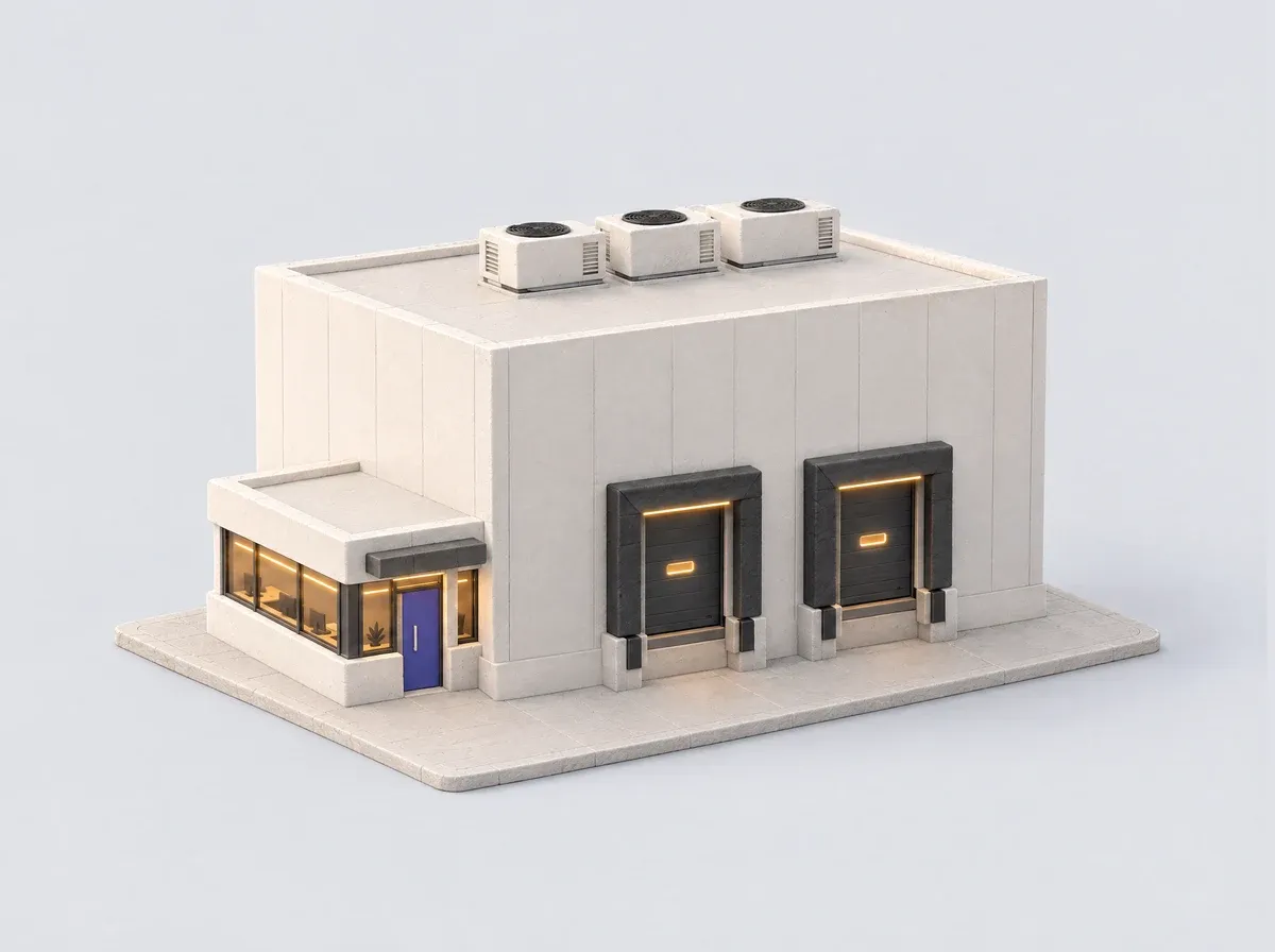 A clay model of a tall, windowless cold store with two insulated loading doors, plant on its roof and a small office at the front.