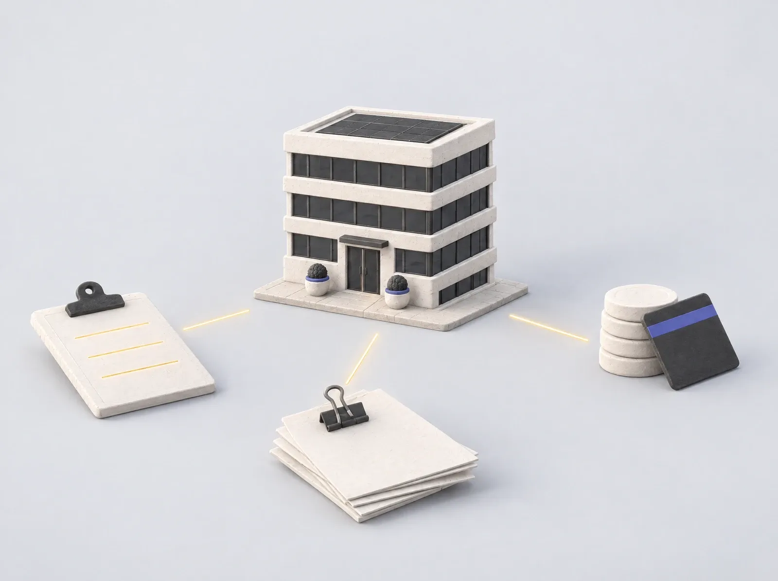 A clay office building with its windows dark, and around it, apart and unconnected, a clipboard of advice, a stack of supplier quotes and a pile of coins with a bank card.