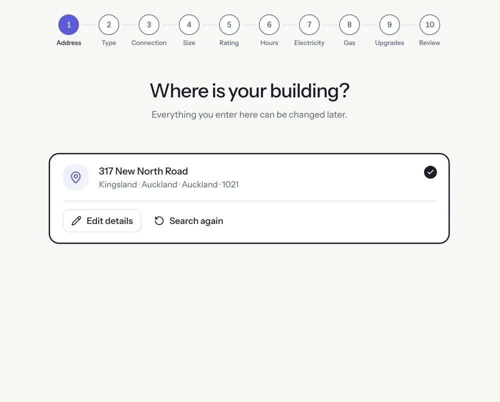 Adding a building in Better Buildings, step by step: its address, 317 New North Road in Kingsland, then its type, an office. An example.