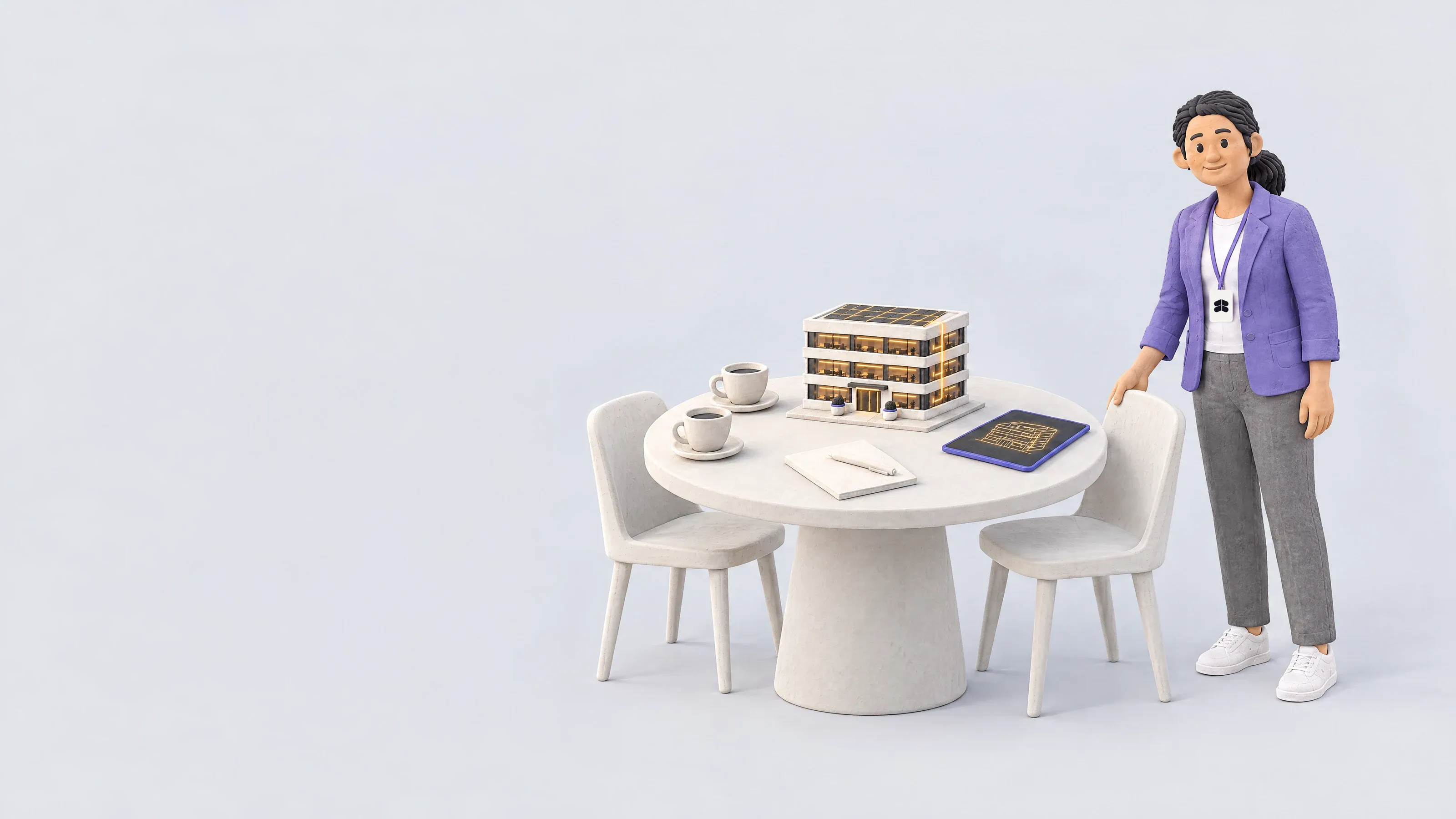 A smiling Better Buildings specialist, the Better Buildings mark on her lanyard, pulls out a chair at a round meeting table set with two cups of coffee, a notepad, a tablet and a clay model of an office building.
