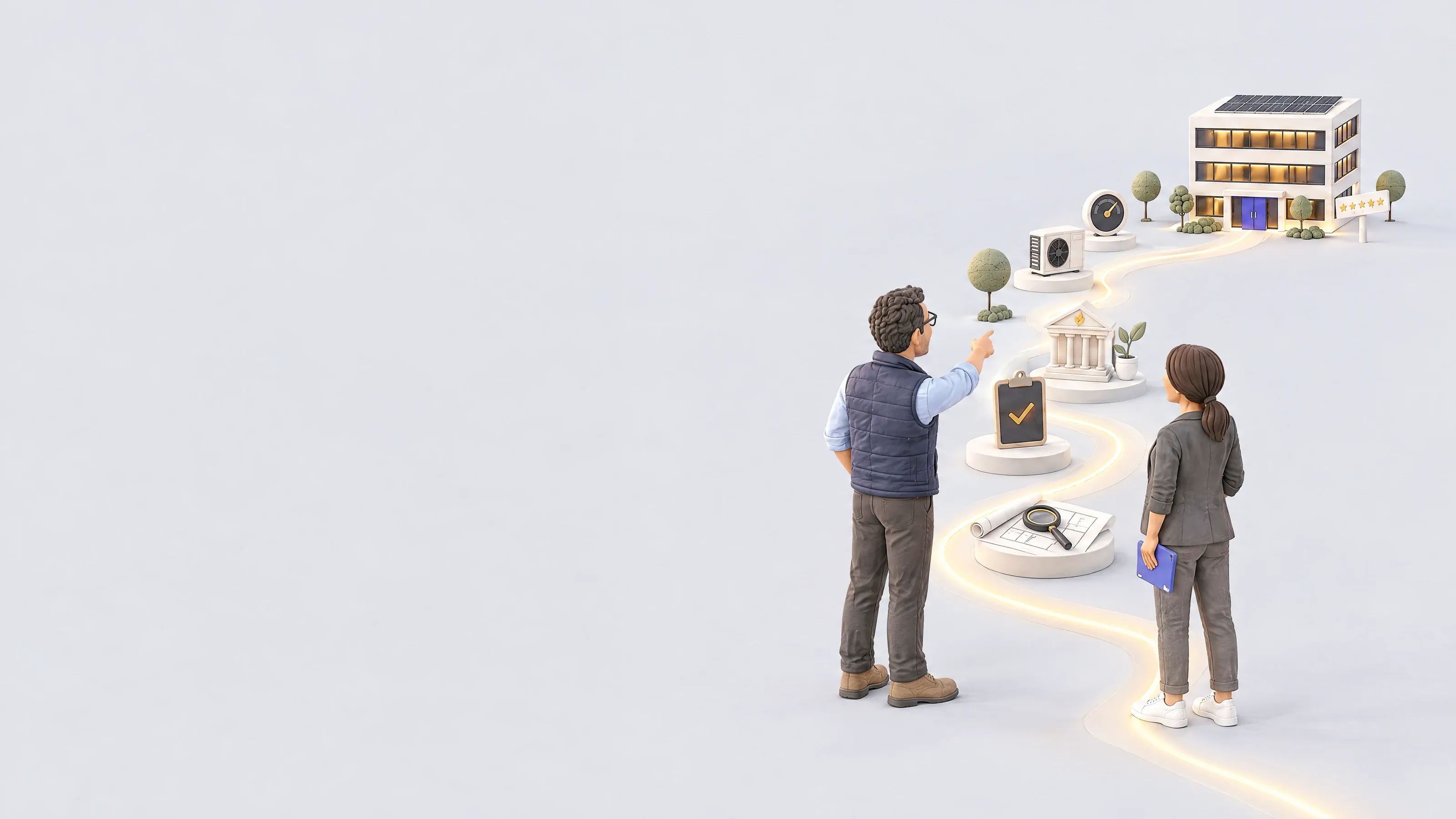A building owner and a Better Buildings specialist with an iPad stand at the start of a glowing path that winds away past the five stages in turn: Discover, a floor plan under a magnifying glass; Assess, a clipboard with a tick; Fund, a small bank with a leaf on it and a seedling beside it; Deliver, a heat pump; and Monitor, a gauge. It ends at a lit office building with solar panels on its roof and a star rating plaque by its door.
