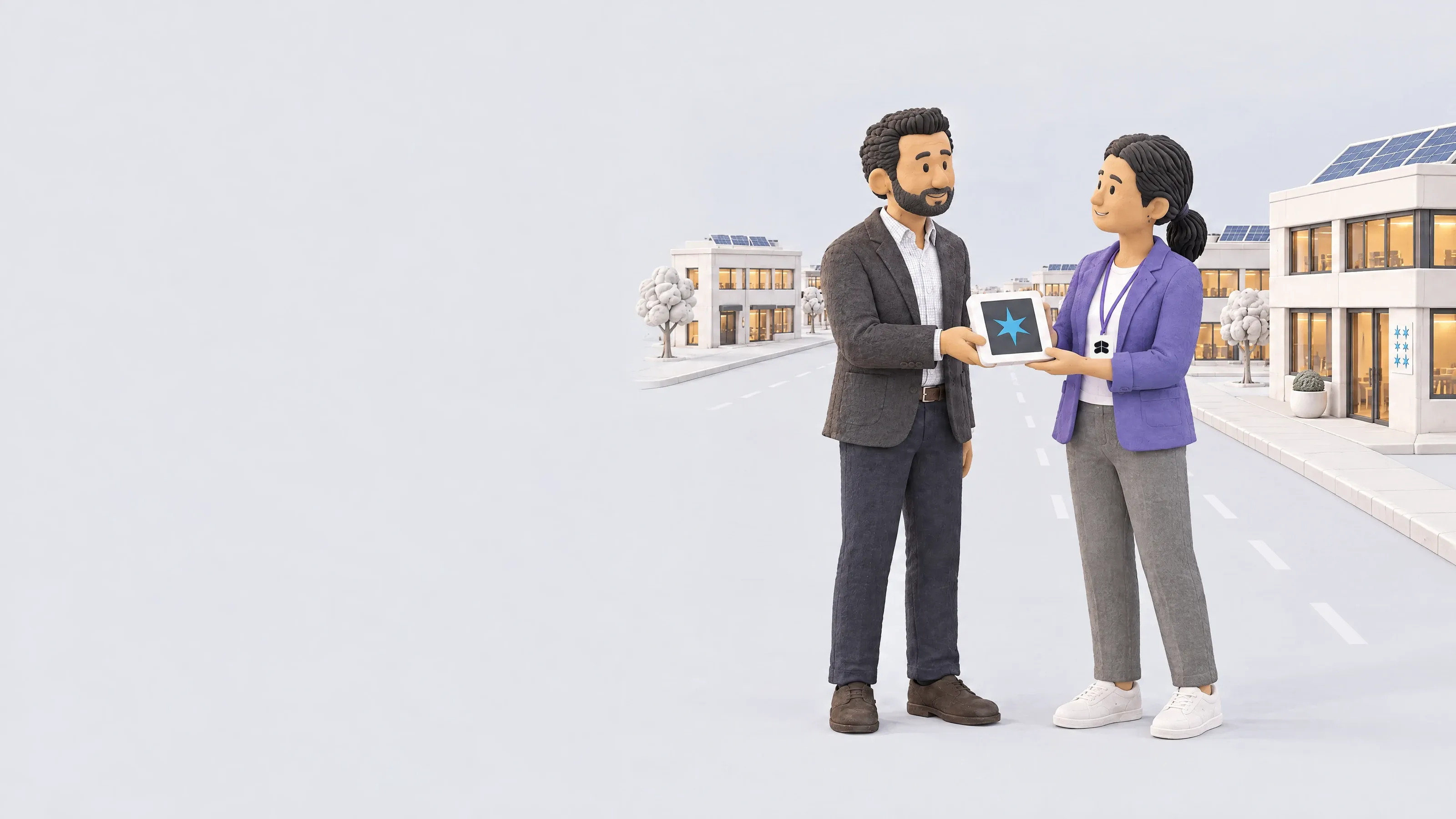 An investor in a charcoal blazer hands a card showing a six-pointed rating star to a smiling Better Buildings specialist in a purple blazer, with the Better Buildings mark on the pass on her lanyard, who takes it from him. Behind them stand two office buildings side by side: one plain with dark windows, the other lit, with solar panels on its roof.