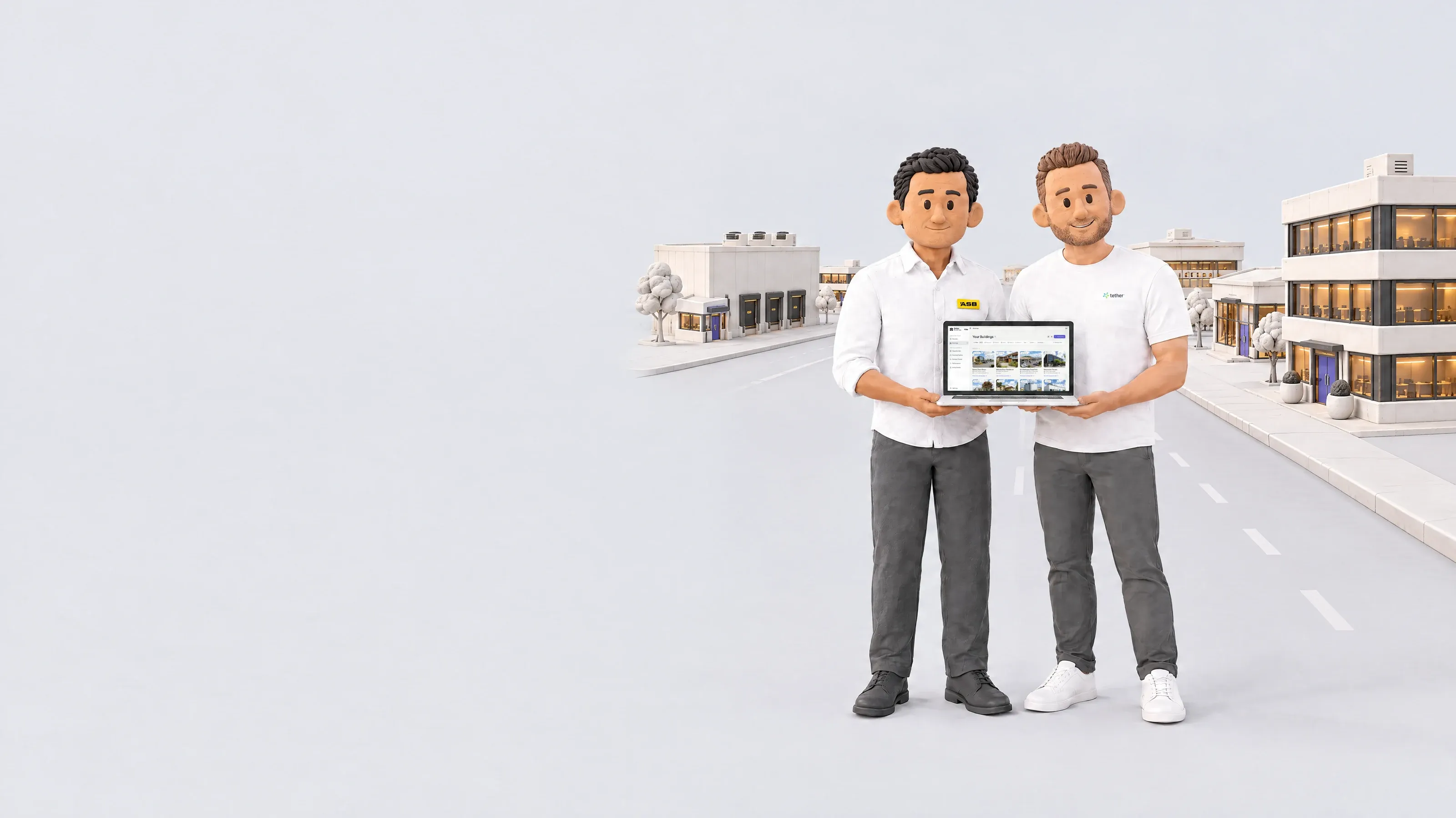 A banker from ASB Bank, with his ASB badge, and a person from Tether, in a Tether T-shirt, stand side by side in a street holding up a laptop showing Better Buildings. Along the street behind them stand an office, a warehouse, a cold store, a retail store, a shopping centre and an aged care home.