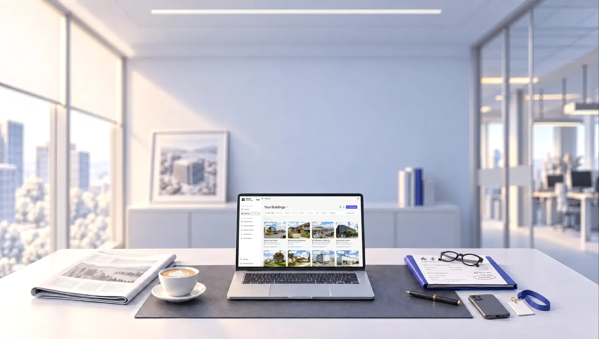 An office desk by a window over the city, with the Better Buildings app open on a laptop showing a portfolio of buildings, beside a coffee, a newspaper, a folder, a pen and a phone.