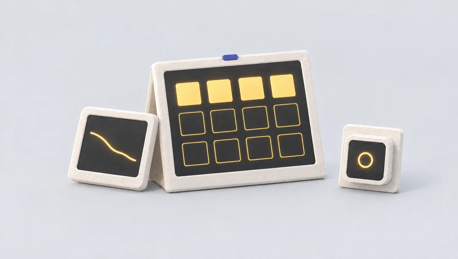 A desk calendar of twelve months, the first four filled in, beside a small display of energy use falling and a sensor.