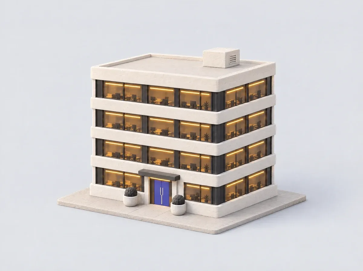 A clay model of a four-storey office building, every floor lit, with an indigo entrance door.