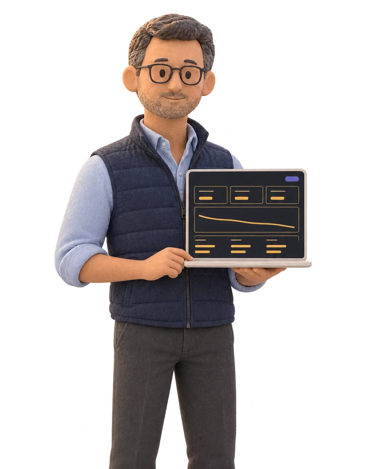 A building owner in a navy gilet with his sleeves rolled, holding an open laptop that shows the Better Buildings platform, in the Better Buildings illustration style.