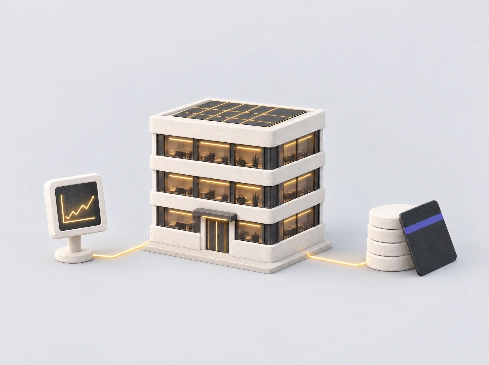 A clay model of an office building between a building sensor on one side and a stack of coins with a bank card on the other, each joined to it by a thin gold line.