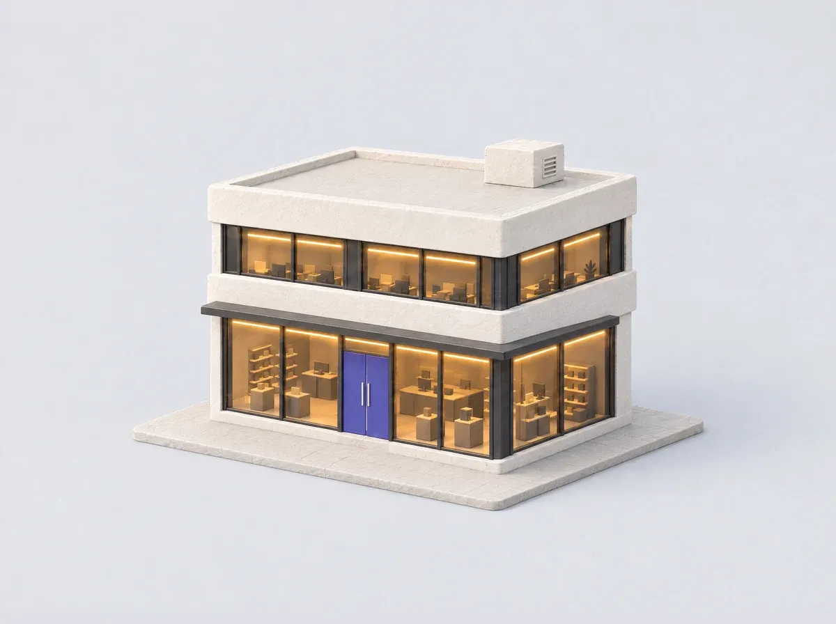 A clay model of a two-storey retail store with a lit shopfront across its ground floor and an indigo shop door.