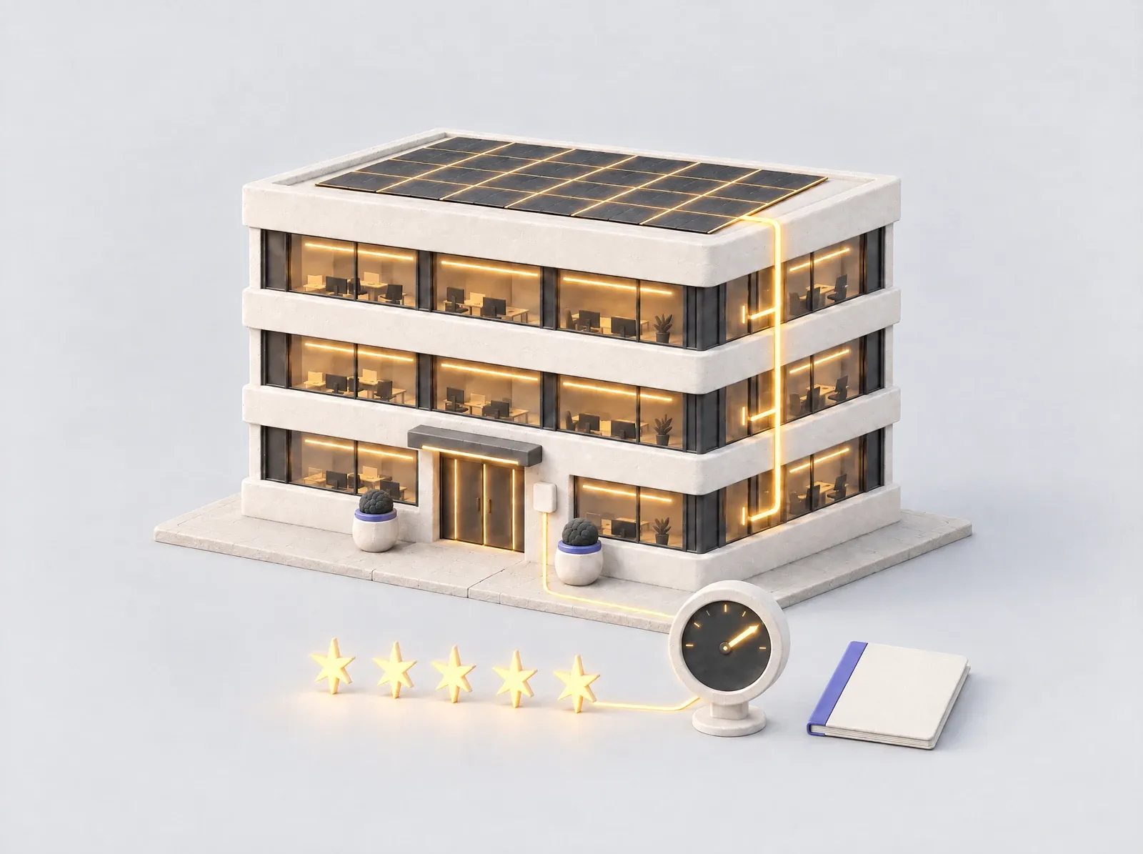 An office building with its windows lit, a sensor by its door joined by a glowing line to a steady gauge, a tidy folder, and a row of glowing stars in front.