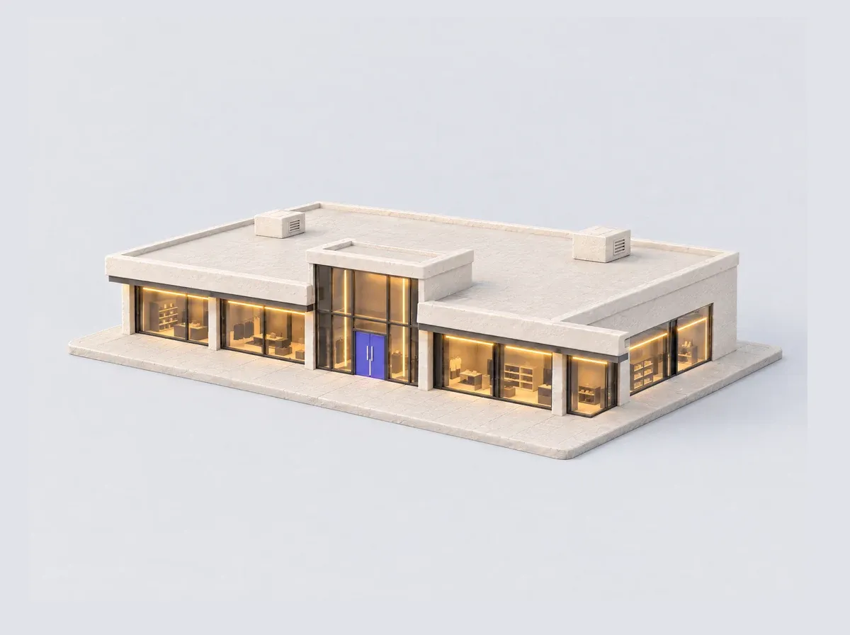 A clay model of a single-storey shopping centre with lit shopfronts and a tall glazed entrance.