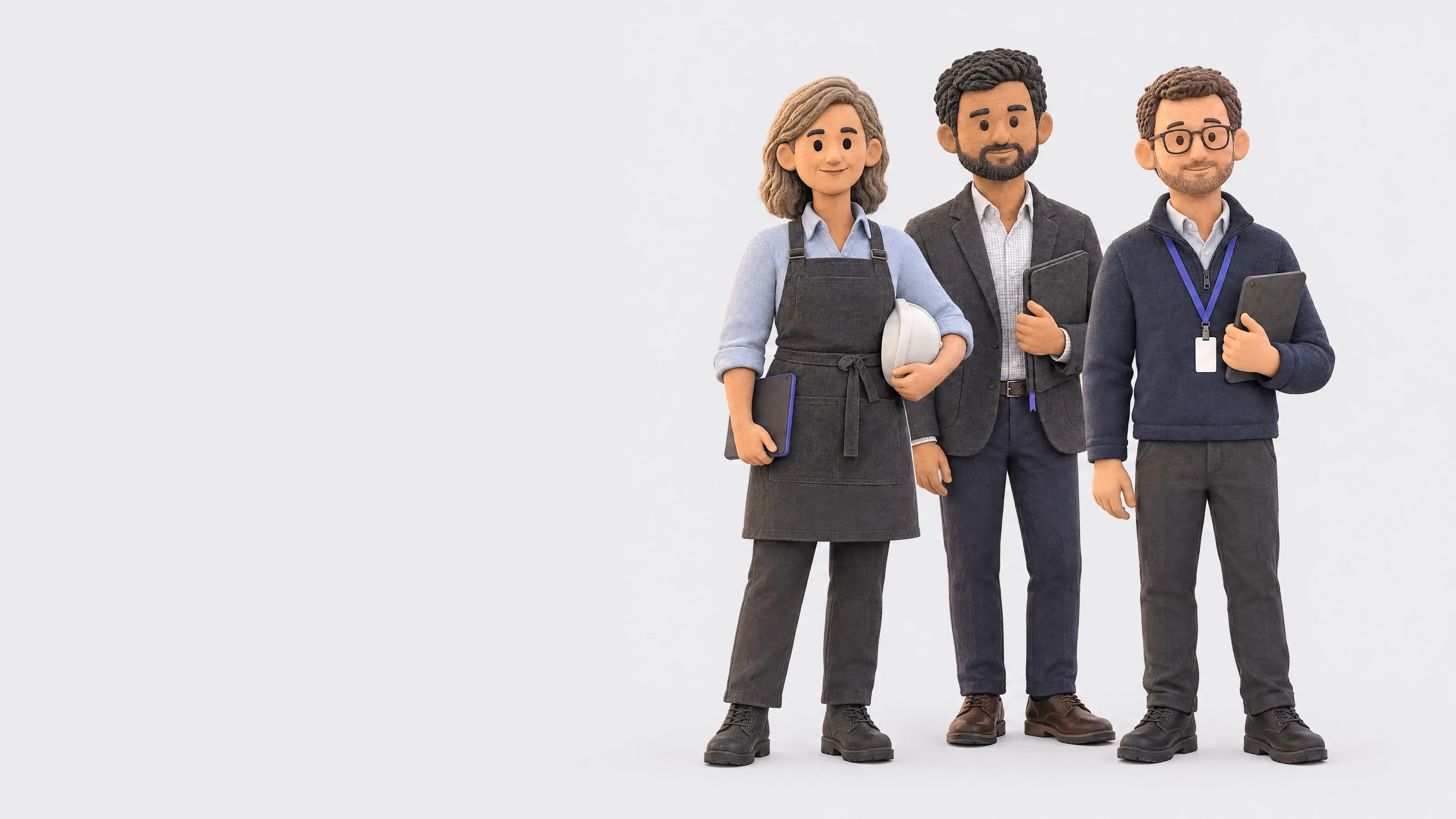 Three building owners stand together: a business owner in a work apron with a hard hat under one arm and a tablet, an investor in a charcoal blazer holding a folio, and a property and facilities manager in a navy jumper with a lanyard and a tablet.