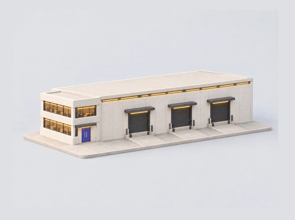 A clay model of a long, low warehouse with three loading docks and a two-storey office at one end.